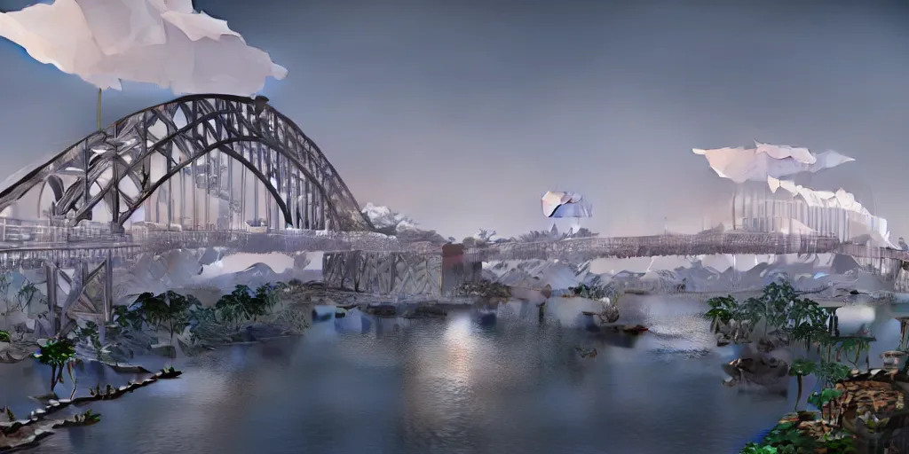 Image similar to a big harbour bridge collapses after explosions in the form of white cotton plants, 3 d octane render, epic lighting, 8 k, by goro fujita
