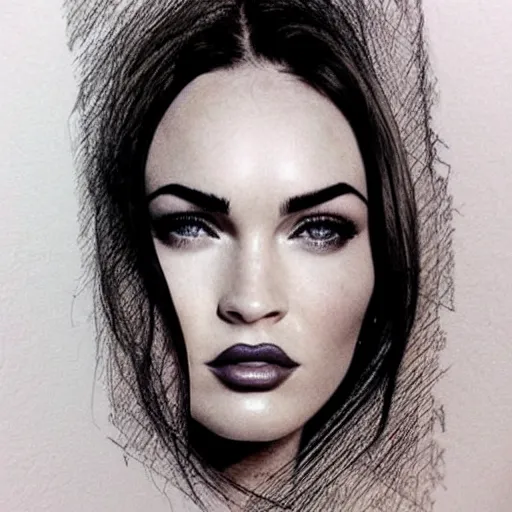 Prompt: megan fox face in the shape of beautiful mountains, double exposure effect, medium sized tattoo sketch, amazing detail, on pinterest