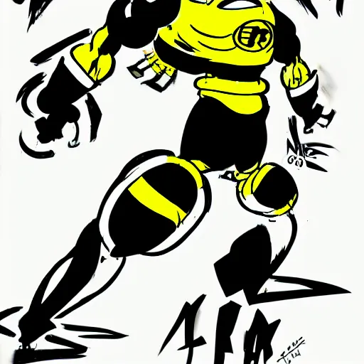 Prompt: a drawing of a cartoon character in yellow and black, concept art by Akira Toriyama, pixiv, neogeo, toonami, dynamic pose, official art