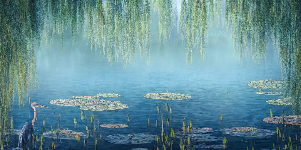 Image similar to a majestic blue heron in shallow river, waterfalls in distance, left border beautiful willow, right border cherry blosom trees, lily pads bullrushes marsh clouds, golden hour intricate luminescent matte painting, highly detailed, artstation