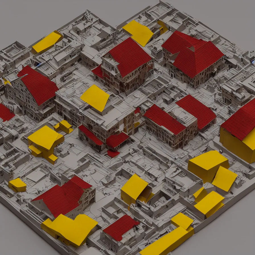 Prompt: architectural model, isometric view, 3 d render, studio lighting, wood and paper, low contrast, dark background, highly detailed, hotel, circular, medium height, tree, red, yellow