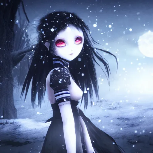 Prompt: full shot of angry darkness beautiful anime girl at moonlight, snowing, gothic wearing, inspired by Tim Burton, Amano, detailed, unreal engine 4k volumetric light, fog,