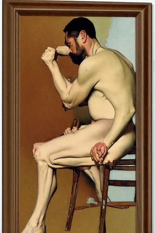 Image similar to body portrait of al parker, colour painting by norman rockwell, guidi prime background by carl spitzweg