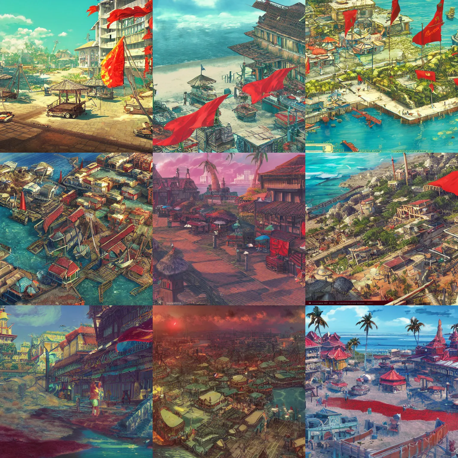 Prompt: Fantasy tropical Soviet port town, red flags, ground view of the beach, hidari color page tankobon, 4K, tone mapping, Akihiko Yoshida