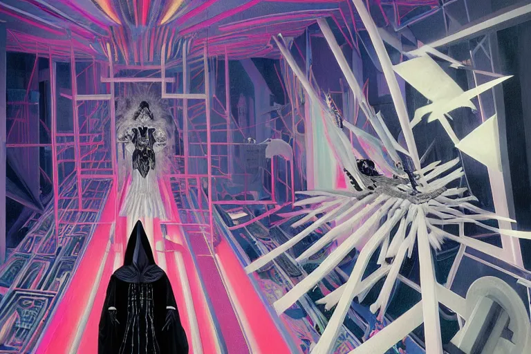 Image similar to a highly detailed beautiful masterpiece painting of a technomancer wizard in dazzle camouflage robes with pointed hood tampering with the world engine in his laboratory near a computer by Remedios Varo and Anato Finnstark and Greg Rutkowski and Andy Warhol, dayglo pink, dayglo blue, prismatic, pearlescent white, raven black, hyperrealism, 8k, trending on ArtStation, rendered in Octane, rendered in Unreal engine, award winning, volumetric lighting