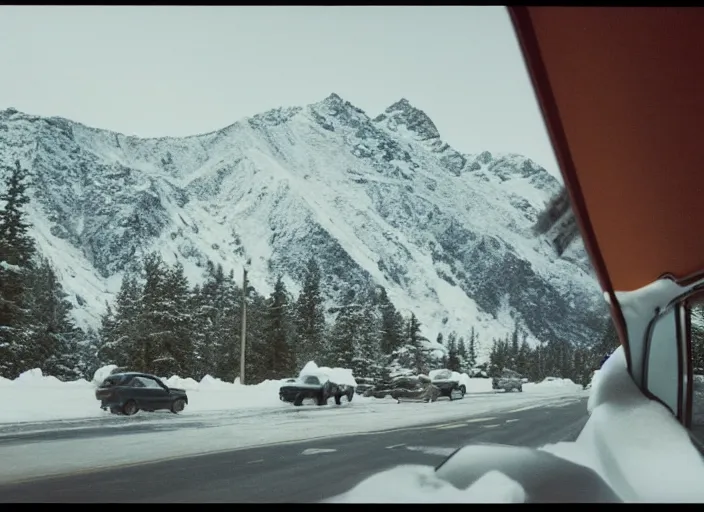 Image similar to A very high resolution image from a new movie, landscape from a car window , mountains, snowy, snowy mountains, Polaroid, directed by wes anderson