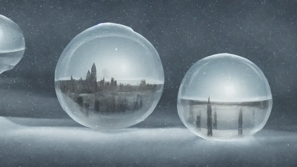 Image similar to a surreal dreamlike scene of transparent spheres containing miniature cities floating over a barren snowy landscape, somber melancholic matte painting, highly detailed oil painting, liminal space, 8k, stillness, solitude, icy cold pale silent atmosphere, masterpiece
