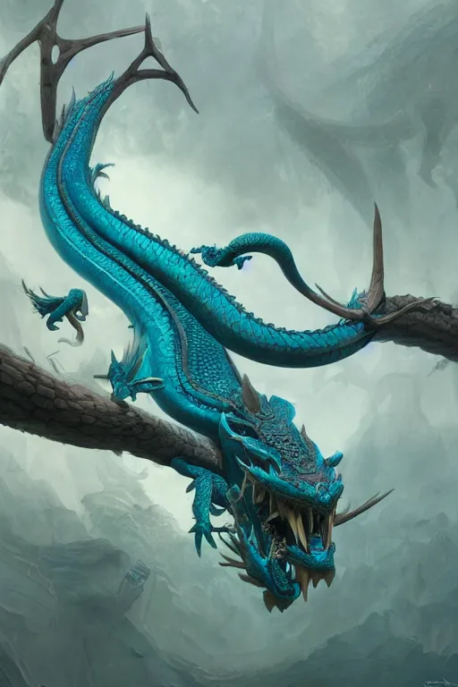 Prompt: cyan dragon - snake hybrid, antlers, disgruntled scales, claws, fantasy, magic, complete, detailed, digital painting, trending on artstation, matte painting by greg rutkowski keita okada antonio j. manzanedo