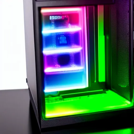 Prompt: rgb gaming computer case with a little fellow inside