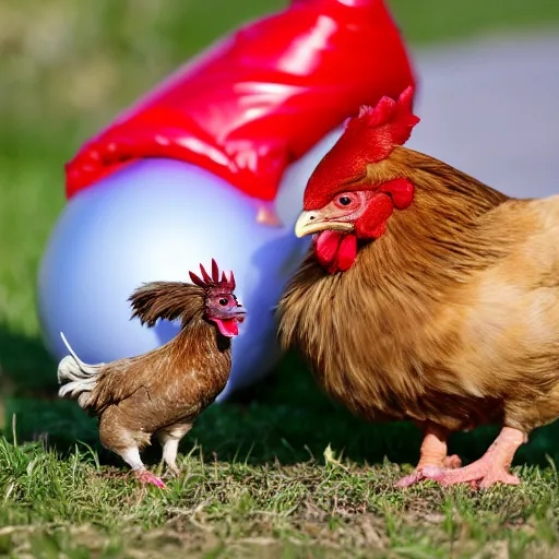 Prompt: a down-covered hatchling chick and a rhode island red rooster with a birthday present