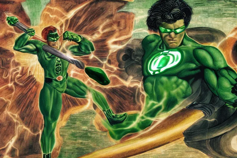 Image similar to multicolor sketch of green lantern creating a giant hammer by sandro botticelli in 4 k ultra high resolution, with inspiring feeling