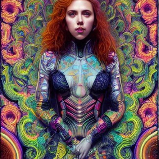 Image similar to portrait of scarlett johansson, hyper detailed masterpiece, neon floral pattern, jean giraud, digital art painting, darkwave goth aesthetic, psychedelic, artgerm, donato giancola and tom bagshaw