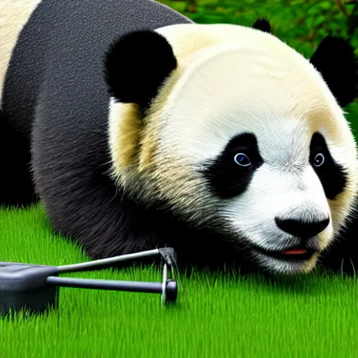 Image similar to a panda mowing the lawn, cinematic, ray traced, octane render, cinematic lighting, ultrarealistic, featured on artstation, 8 k uhd artwork