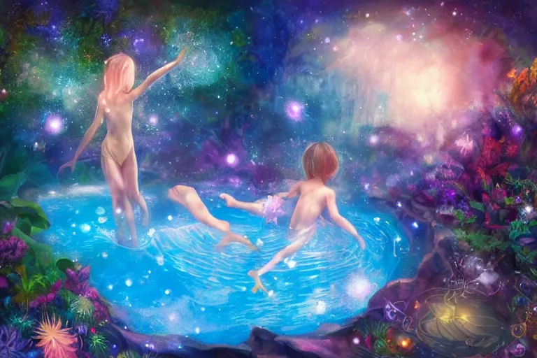 Image similar to a child falling into the pool of fantasy in her dreams, bed, psychedelic, whimsical, 4k, beautiful, a crystal and flower, reflective pool, surrounded by gems, underneath the stars, rainbow fireflies, trending on patreon, deviantart, twitter, artstation, volumetric lighting, heavy contrast, art style of Greg Rutkowski and Miho Hirano and Ross Tran