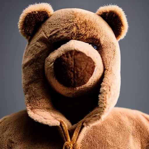 Image similar to the face of kanye west wearing a full teddy bear costume at 4 2 years old, portrait by julia cameron, chiaroscuro lighting, shallow depth of field, 8 0 mm, f 1. 8