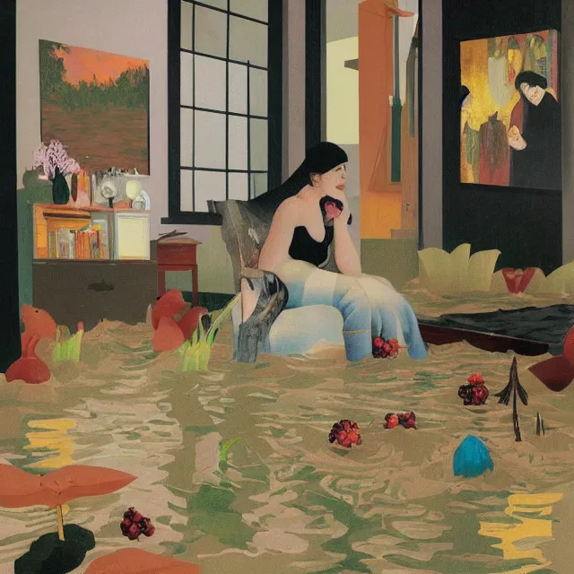 Image similar to tall emo artist in her flooded apartment, painting of flood waters inside an artist's home, a river flooding indoors, pomegranates, pigs, ikebana, zen, water, octopus, river, rapids, waterfall, black swans, canoe, berries, acrylic on canvas, surrealist, by magritte and monet