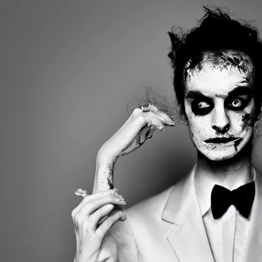 Prompt: a beautiful fashion portrait photograph of a friendly good looking zombie in a tuxedo, studio harcourt, black and white, fashion photography, paolo roversi, richard avedon, chiaroscuro, trending on artstation, ultradetailed, octane render, 4 k, unreal engine, 5 0 mm, sharp focus, studio light photography, high definition, irving penn,