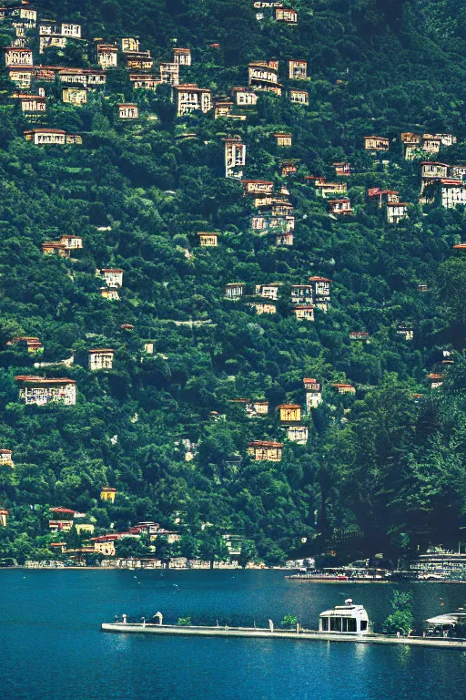 Prompt: Photo of Lake Como, wide shot, daylight, blue sky, summer, dramatic lighting, award winning, highly detailed, medium format photography, cinestill 800t.