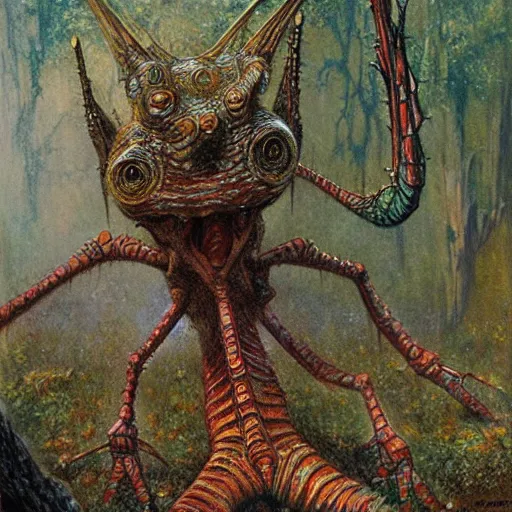 Image similar to antropromorphic stick insect, stick insect standing and talking like a human being, fantasy concept art, painting by Bob Eggleton