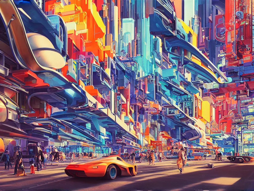 Prompt: hyperrealistic painting of a slice of life from a futuristic city, mechanical designs, technological, hi - tech engineering, art deco architecture, modern car, vivid color, meticulous, cinematic, cyberpunk style, highly detailed, realism, intricate, acrylic on canvas, 8 k resolution, concept art, by noriyoshi ohrai, francesco di giorgio martini, moebius