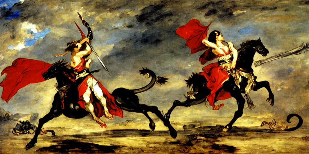 Image similar to knight fighting dragon, art by eugene delacroix