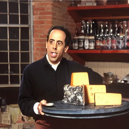 Prompt: jerry seinfeld eating a large wheel of cheese, realistic, color film,