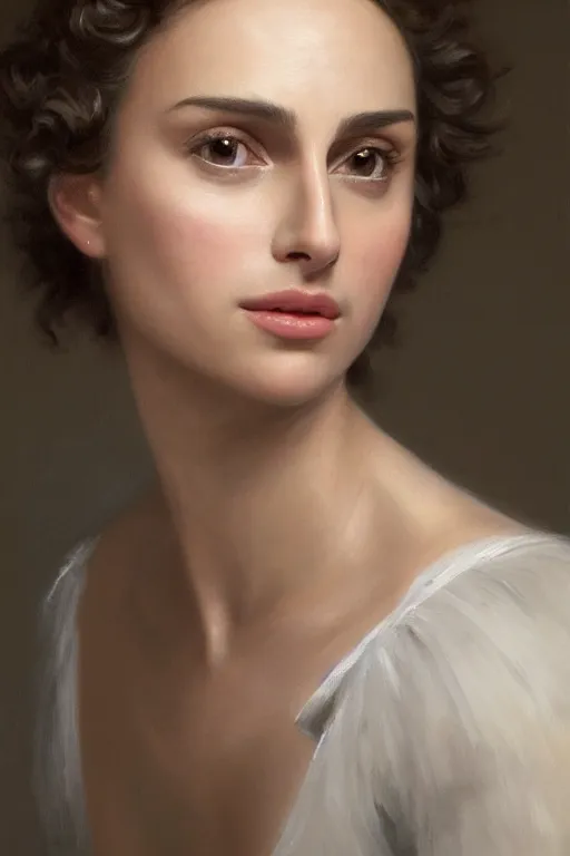 Image similar to Nathalie Portman portrait, loving amber eyes, a shy face, style portrait painting of François Boucher, Oil Painting, unreal 5, DAZ, hyperrealistic, octane render, Regal, Refined, Detailed Digital Art, RPG portrait, William-Adolphe Bouguereau, Michael Cheval, dynamic lighting, Highly Detailed, Cinematic Lighting, Unreal Engine, 8k, HD