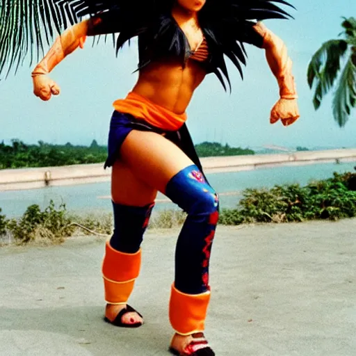 Prompt: Saiyan warrior girl, muscular girl, wild spiky black electrified hair, wearing kung fu uniform, walking through Bali, 1977, tropical palm trees, colorized