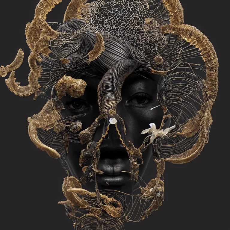 Image similar to black background. absolutely symmetrical sculpture. centered. goddess princess face close-up portrait ram skull. sculpture made of gold and black charcoal. jellyfish phoenix head, nautilus, orchid, skull, betta fish, bioluminiscent creatures, intricate artwork by Tooth Wu and wlop and beeple. octane render, trending on artstation, greg rutkowski very coherent symmetrical artwork. cinematic, hyper realism, high detail, octane render, 8k