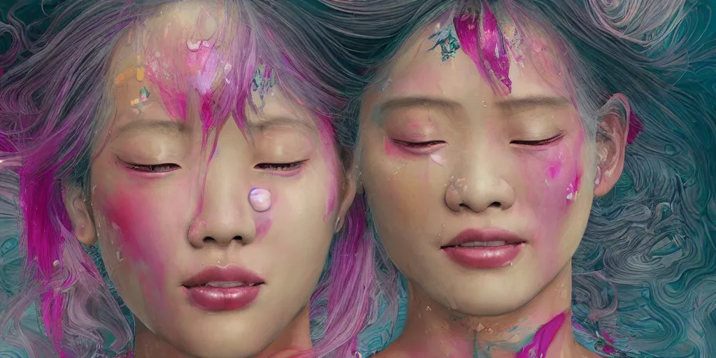 Image similar to a portrait of a very beautiful young asian goddess, seductive smile, with pink and grey hair radiating swirling paint and impasto, sleepy eyes by wlop and monia merlo and fintan magee, background is multicoloured volume displacement, hyperrealism, subsurface scattering, arnold render, 8 k, houdini, xparticles