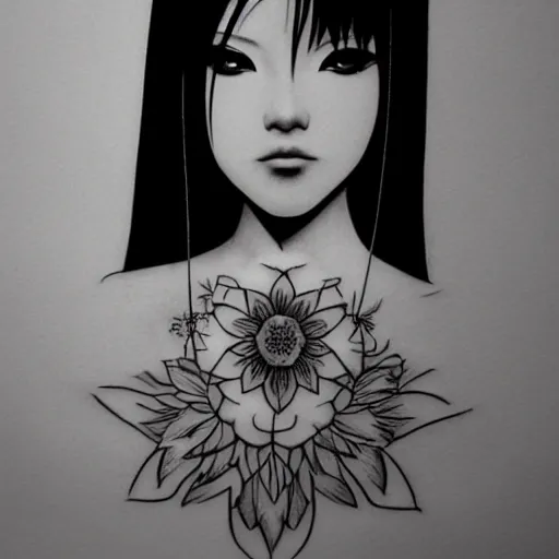 Prompt: tattoo design, stencil, portrait of a japanese girl, zelda, by artgerm,