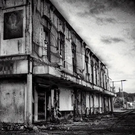 Prompt: black and white, old polaroid of dilapidated fallout 5 europa, temperate european hamlet, desolate, dilapidated neon signs, few rusted retro futuristic vintage parked vehicles, volumetric lighting, photorealistic!!!, daytime, autumn, gloomy weather, ultra detailed!!!