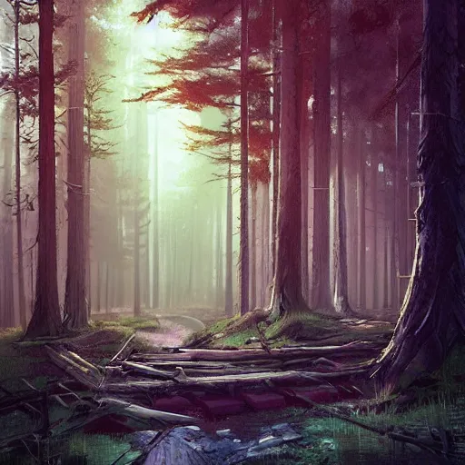 Prompt: a wooden cabin in the woods, magical forest, by Jordan Grimmer and greg rutkowski, crisp lines and color,