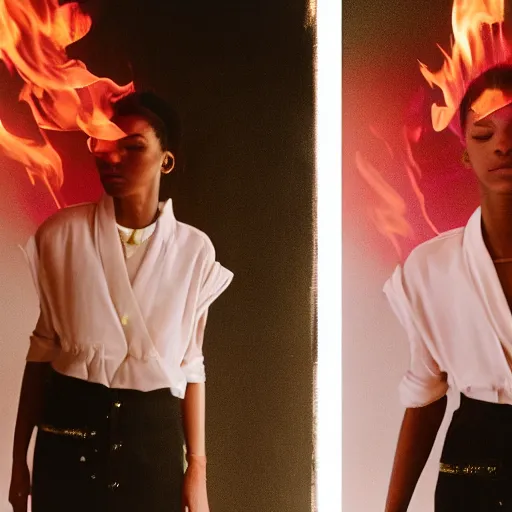 Prompt: realistic! photoshoot for a new chanel lookbook, color film photography, portrait of a beautiful woman, fire in the background, in style of tyler mitchell, 35mm