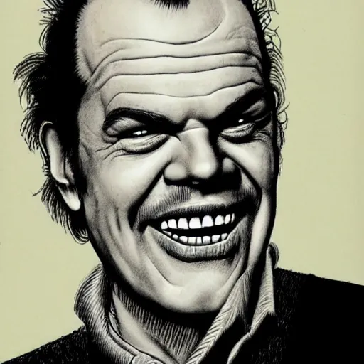 Image similar to a portrait of Jack Nicholson drawn by Robert Crumb