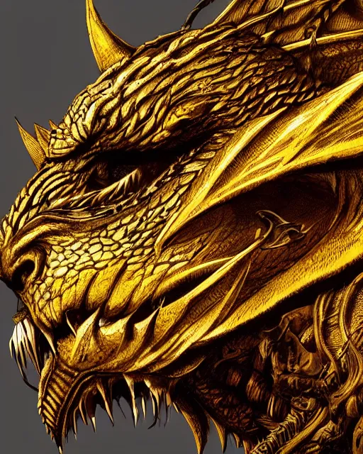 Image similar to A golden dragon tiger resting, highly detailed face, close-up, fantasy art, monster art, in the style of greg rutkowski, illustration, epic, fantasy, intricate, hyper detailed, artstation, concept art, smooth, sharp focus, ray tracing