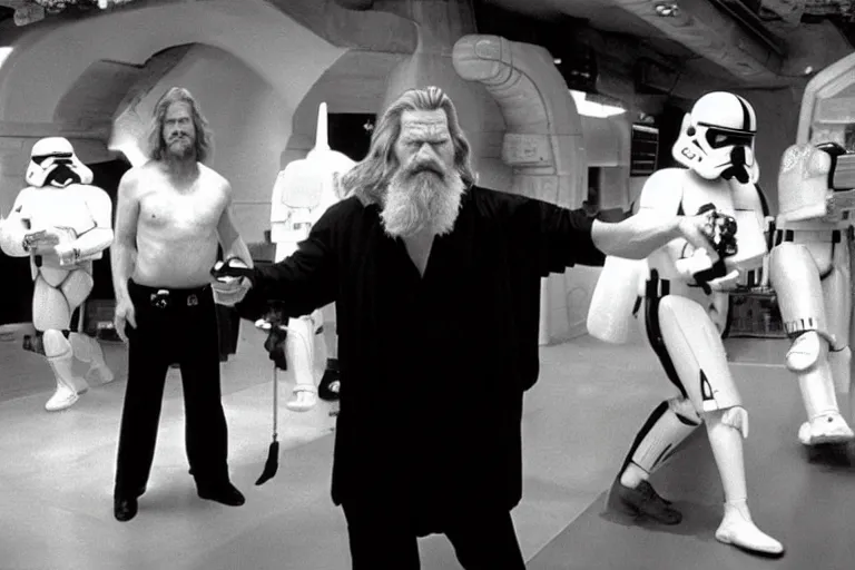 Image similar to Jeff Bridges from The Big Lebowski bowling in the Mos Eisley Cantina from Star Wars with Darth Vader