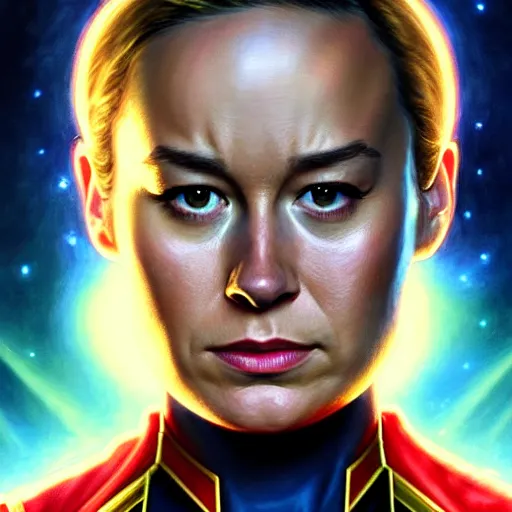 Image similar to portrait painting of brie larson as captain marvel skrull with short hair, ultra realistic, concept art, intricate details, eerie, highly detailed, photorealistic, octane render, 8 k, unreal engine. art by artgerm and greg rutkowski and charlie bowater and magali villeneuve and alphonse mucha