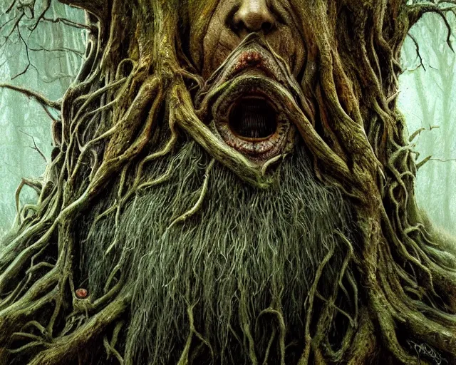 Prompt: a talking tree, a face in the bark, mouth in the bark, eyes in the bark, fantasy concept art, digital painting, oil painting, hyperrealistic, beautiful, treebeard, ent, magical, highly detailed, very detailed eyes, artstation, cgsociety, in the forest, by alan lee, by artgerm