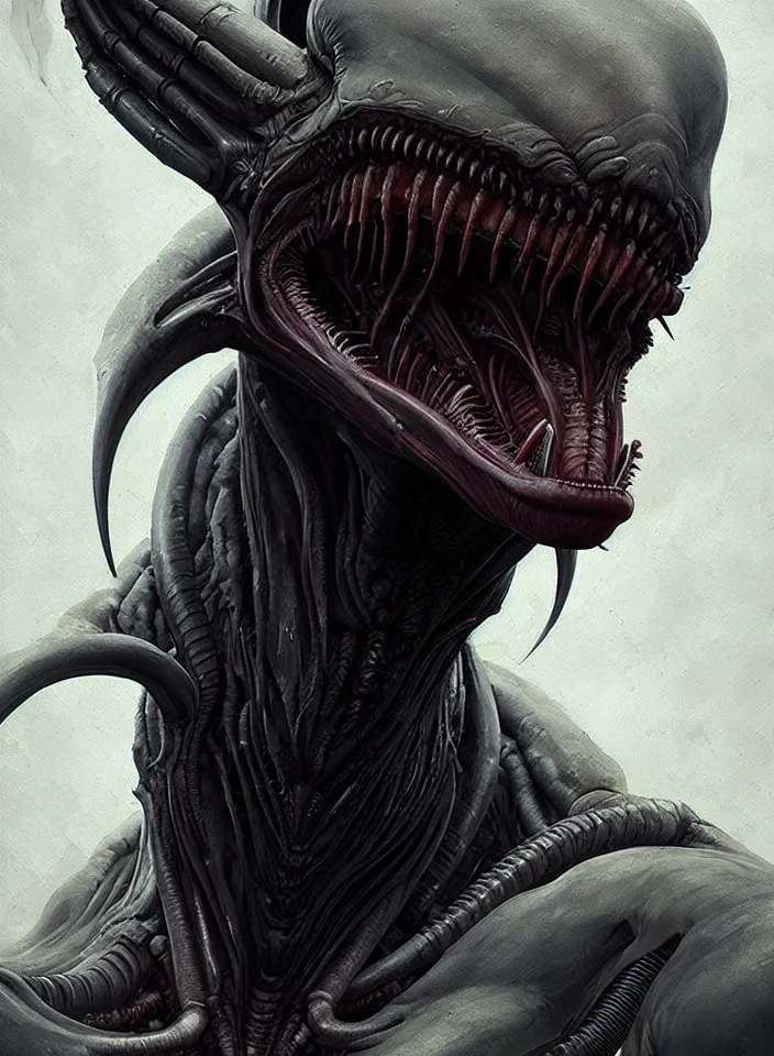 Image similar to a face portrait of a creature invoking fear, art by greg rutkowski, alien xenomorph, horror setting, dark lighting, matte painting, trending on artstation, very detailed