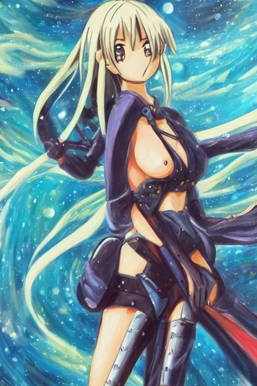 Image similar to a detailed painting in the style of anime of a galactic female warrior