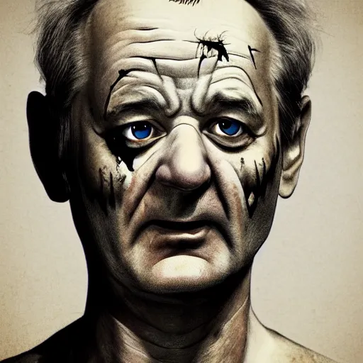 Image similar to bill murray as angry zombie portrait, horror core, apocalyptic, bathrobe, pale skin, wounds, one eye hanging out, snarling, dramatic, sharp focus, fiction, hyper detailed, digital art, trending in artstation, cinematic lighting, studio quality, smooth render, unreal engine 5 rendered, octane rendered, art style and nixeu and wlop and krenz cushart