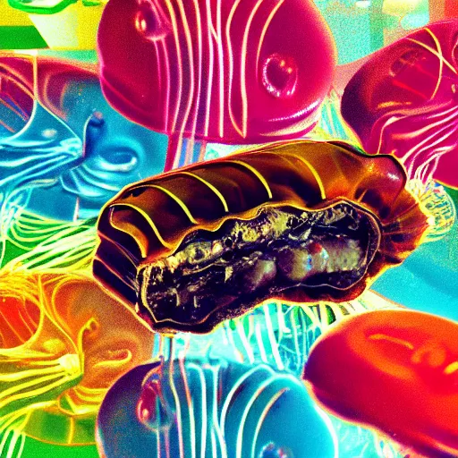 Image similar to hamburger mix jellyfish, cg, 8 k, surrealistic, sharp focus, style by andy warhol