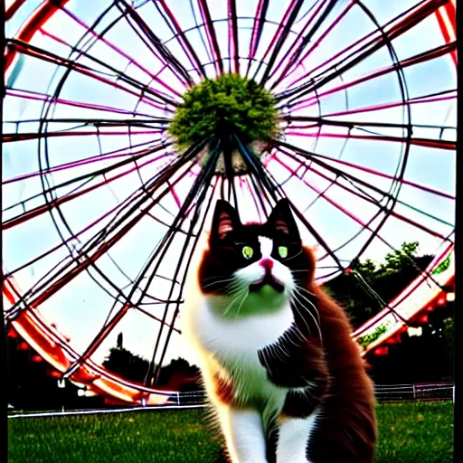 Image similar to !!! cat!!!, ( ferris wheel ), feline, sitting, riding, award winning photo, ragdoll cat,