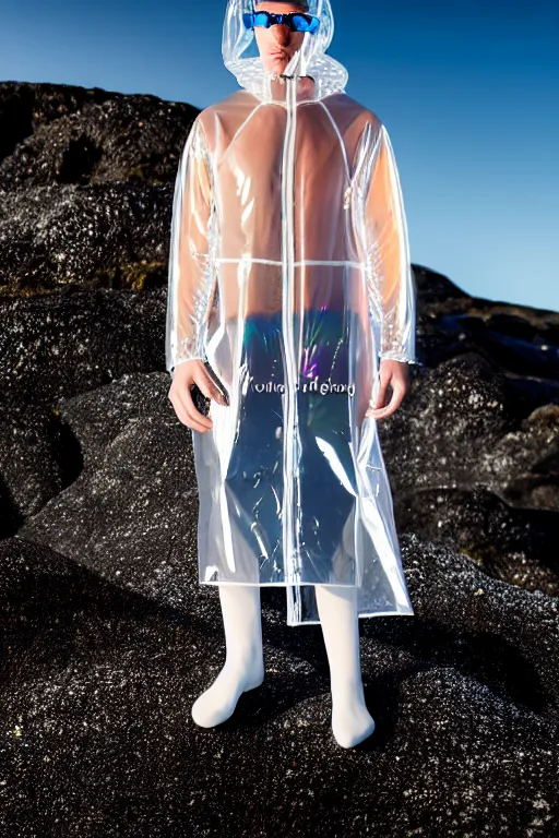 Image similar to an ultra high definition professional high fashion portrait studio full length photograph of a male model wearing a transparent pearlescent raincoat and neon visor planking in an icelandic black rock environment at dawn. no artefacts. extremely detailed. stark. refraction. shallow depth of field. volumetric light and shadow. ray tracing. light rays.