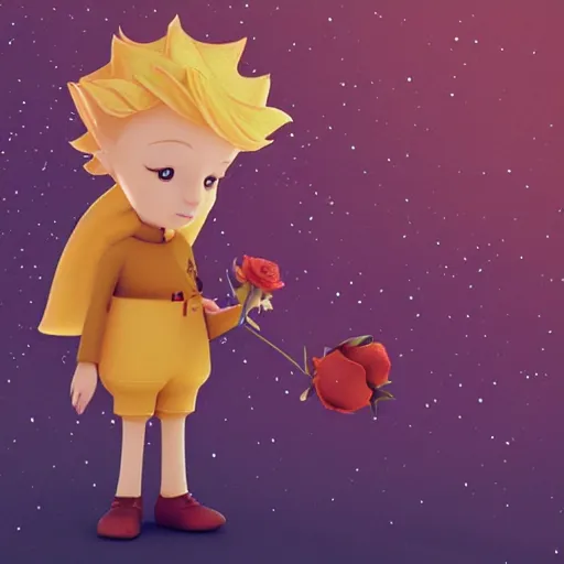 Image similar to the little prince with his rose illustration, bokeh, octane render, award winning