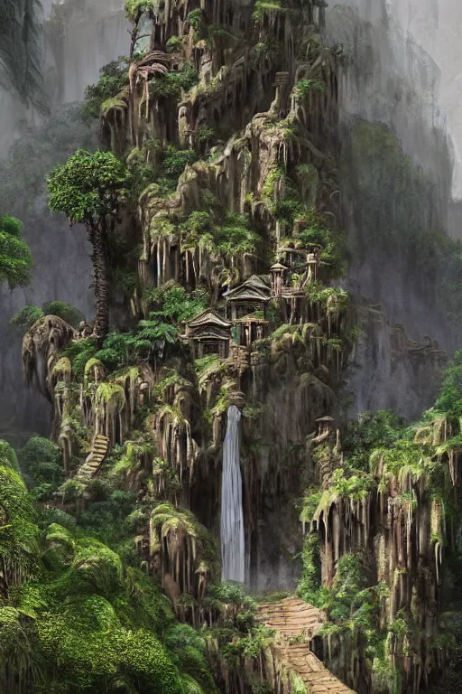 Image similar to carved into a Mountain a temple above a waterfall, giant intricate statues, arches adorned pillars, archways, gnarly trees, lush vegetation, forrest, a small stream runs beneath the waterfall, landscape, raphael lacoste, eddie mendoza, alex ross, concept art, matte painting, highly detailed, rule of thirds, dynamic lighting, cinematic, detailed, denoised, centerd