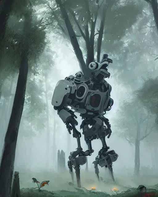Prompt: giant chicken robot walking in a forest, detailed digital painting, concept art, Darek Zabrocki
