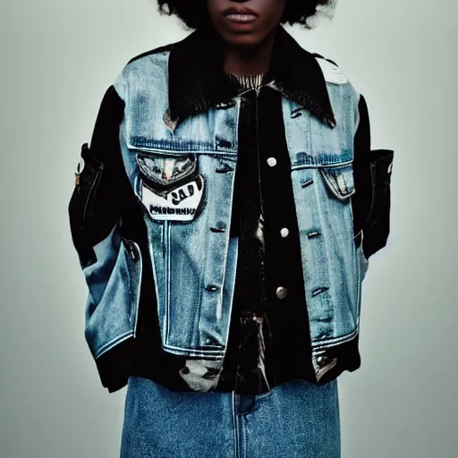 Prompt: realistic photo for a new sacai emil lookbook color film photography portrait of a beautiful woman model, model wears a black paneled denim jacket, photo in style of tyler mitchell