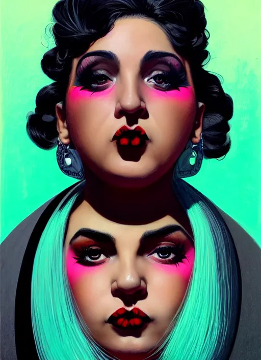 Prompt: portrait of a plump latino woman with a crooked nose and a confident expression, 1 9 6 0 s, black clothes, goth, punk, brightly coloured hair, funk, intricate, elegant, highly detailed, digital painting, artstation, concept art, smooth, sharp focus, illustration, art by wlop, mars ravelo and greg rutkowski